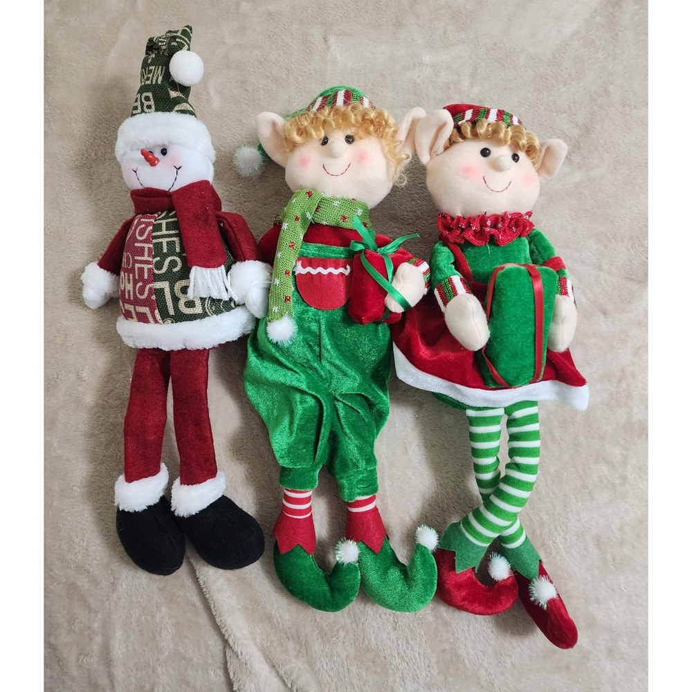 Christmas Plush Shelf Sitter Set Snowman and Elves Holiday Decor 18 Inch 3pc